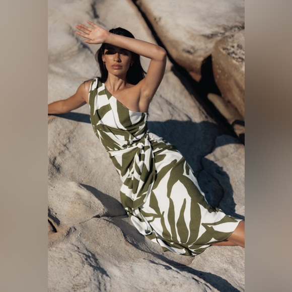 Petal & Pup Dresses & Skirts - Petal & Pup Zara one shoulder midi dress - Olive Palm Size Medium